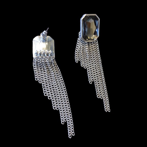 Large Smoky Quartz Colored Stone W/Brilliance Cutting and Dangle Chains Earrings - Picture 6 of 6